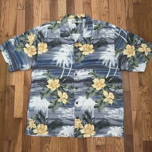 Tommy Bahama Blue and Yellow Hawaiian Floral Shirt Plumerias 100% Silk Large